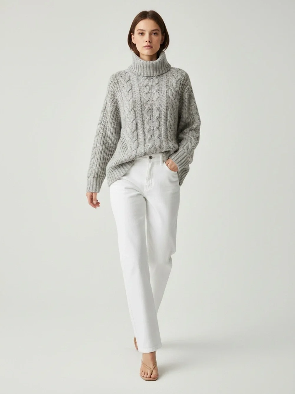 GAP Light Gray Cable Knit Turtleneck Sweater Size Medium - Picture 1 of 16